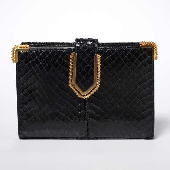 Judith Leiber Handbags - Judith Leiber Black Snakeskin Leather Ladies Tri-Fold Wallet Gold Tone Hardware